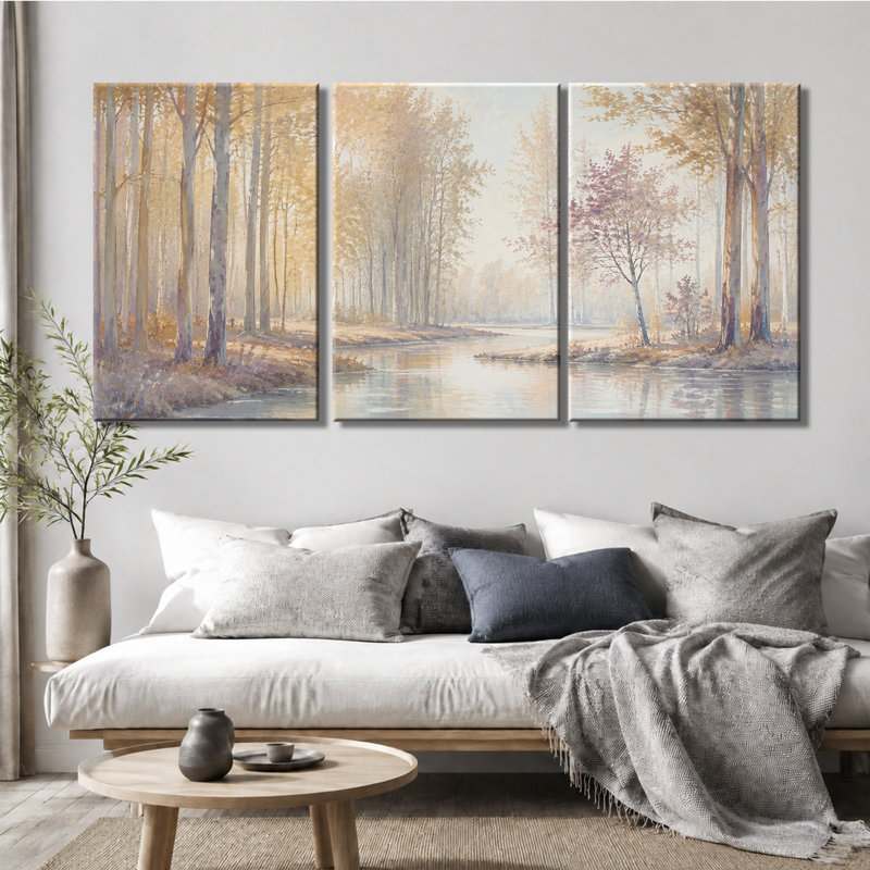 Tableau en trois panneaux « Forêt fluviale d'automne aux tons doux », impression sur toile tendue, 24 * 36 pouces * 3