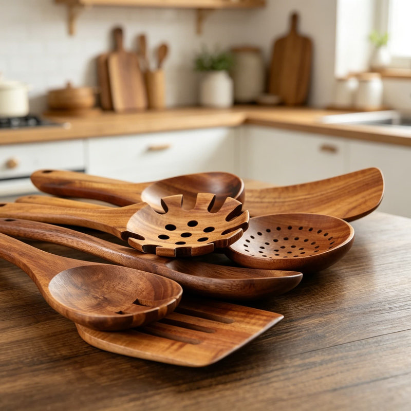 Ensemble d'ustensiles de cuisine 8 pièces en bois de teck naturel avec baril de rangement pour batterie de cuisine antiadhésive