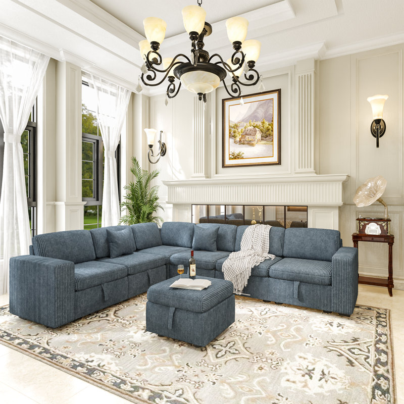 Upholstered L-shaped Corduroy Sectional 5-Seat Sofa with Storage and Ottoman, 34" H x 142" W x 64" D