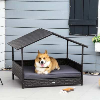 Gray Outdoor Dog House With Canopy - Strong And , Comfortable Cushion Elevated Design, Small & Medium Dogs,