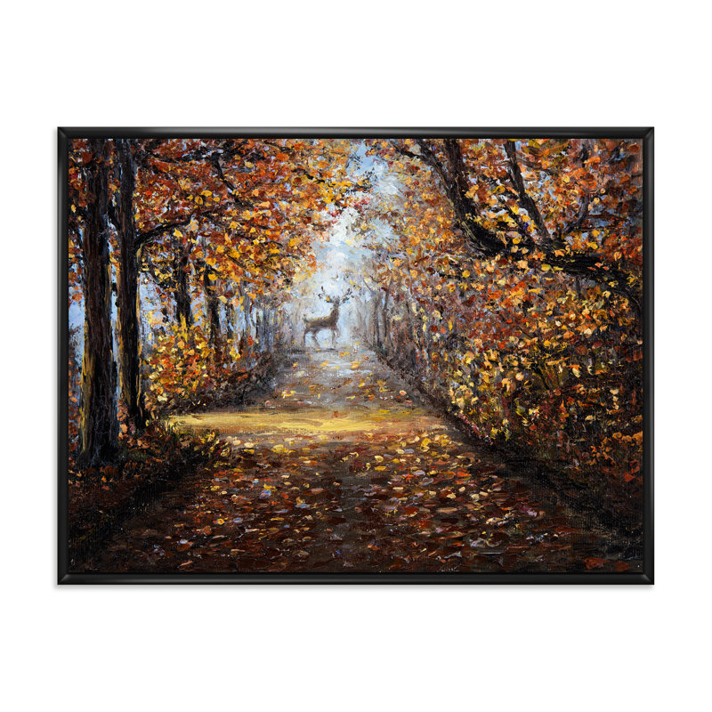 Cerf dans le parc - peinture sur toile, H 24 po x l 32 po x P 1 po, Cadre flottant noir