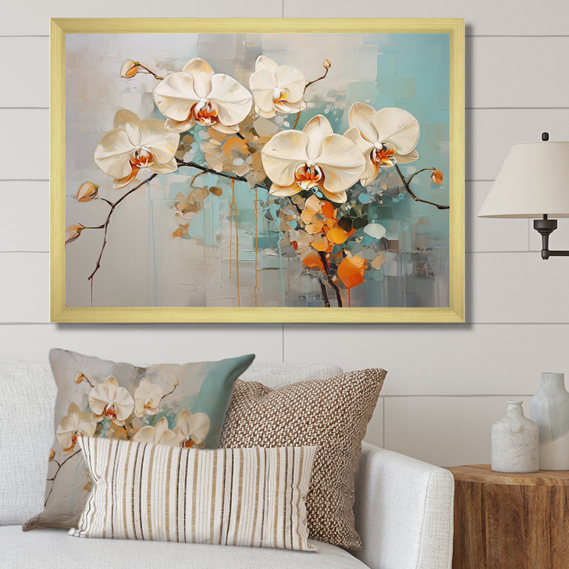 Orchidées beiges tranquillité sur toile, H 24 po x l 32 po x P 1 po, Cadre doré simple