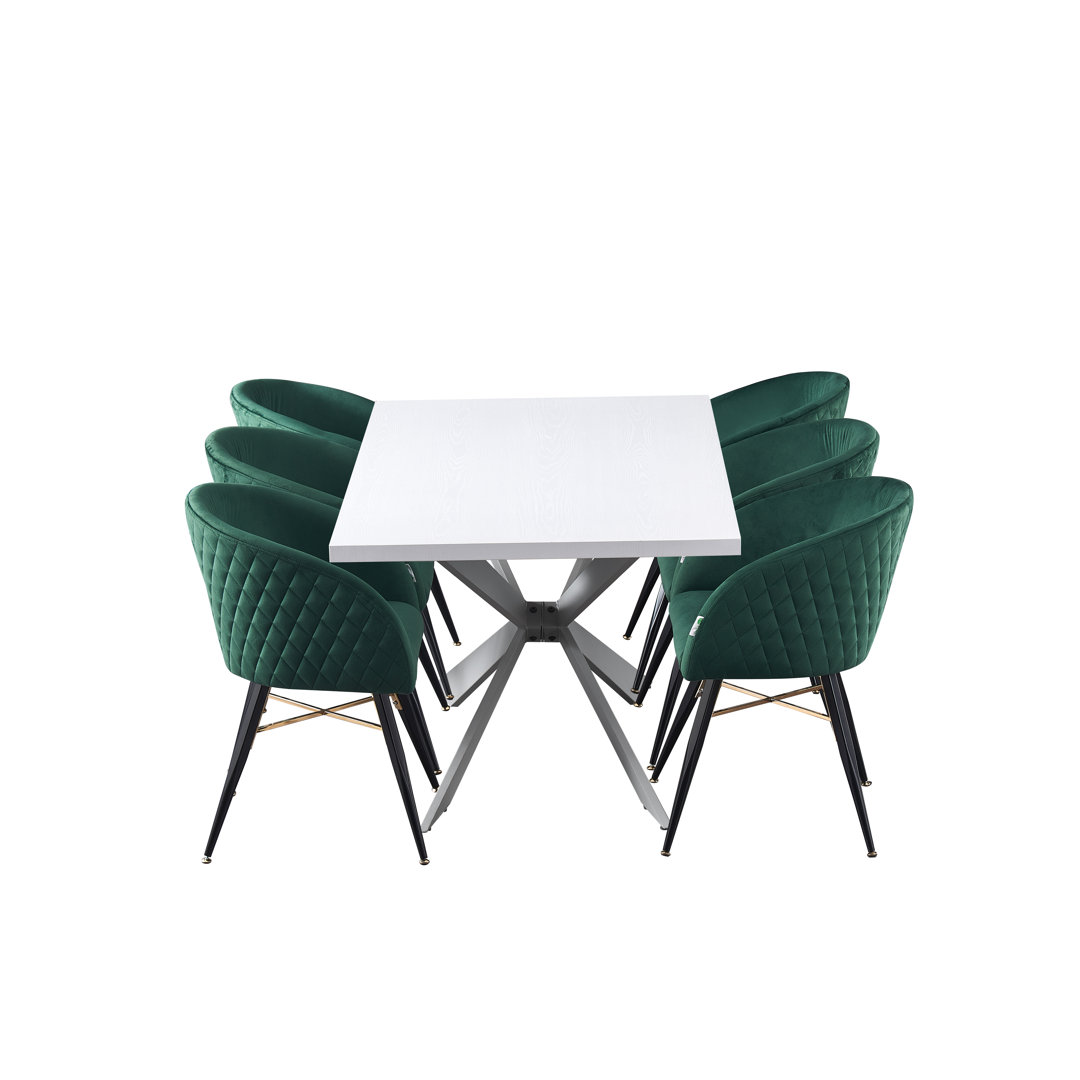 Goddard 6 Person Dining set - a Rectangular Wooden Dining Table with Metal Legs and a Set of 6 Quilted Velvet Dining Chairs for Dining Room - Modern D