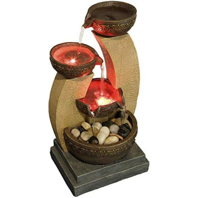 11" H Golden Tiered Bowl Fountain With Color Changing LED Lights With Adapter Brown