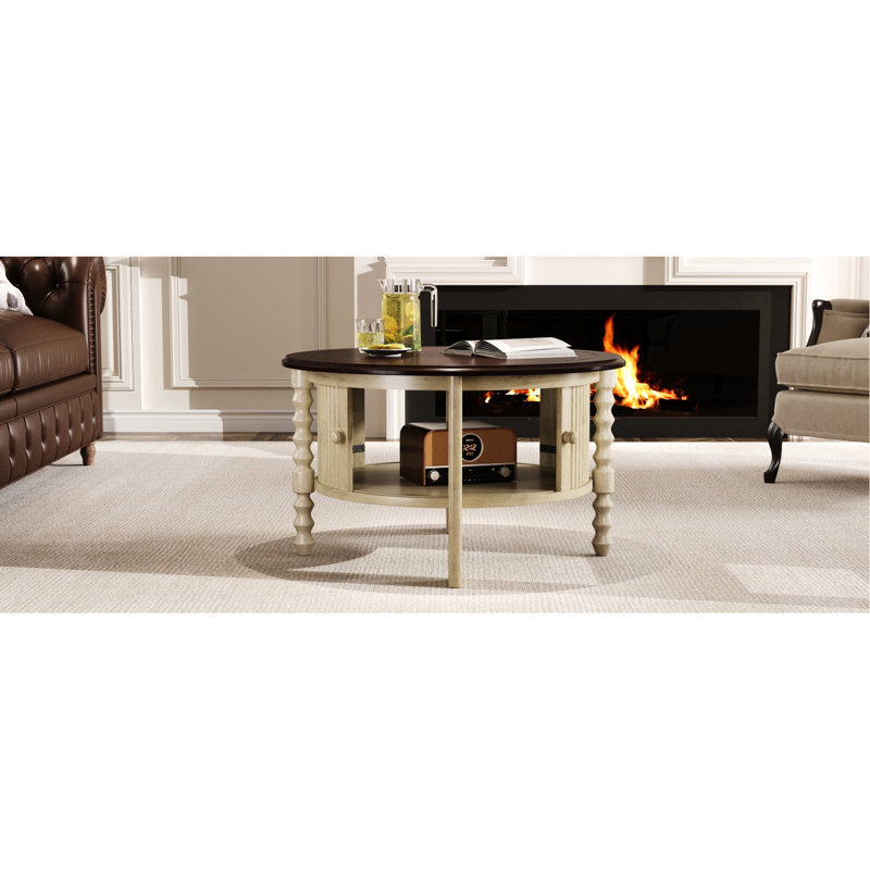 Table basse ronde de 30,3 po de style Mid-Century avec porte coulissante et rangement à lattes, idéal pour la productivité au bureau, beige et polyvalente