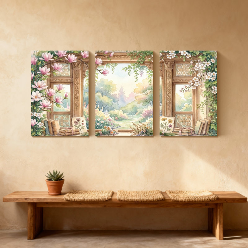 Plantes et fleurs, fenêtre, jardin, livres de réflexion, nature, lumière printanière, ensemble de 3 impressions sur toile