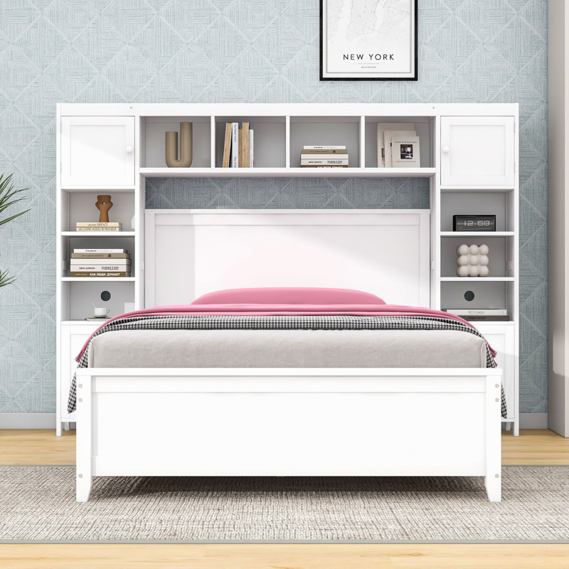 Lit double en bois 4 tiroirs avec armoires et tablettes, Blanc