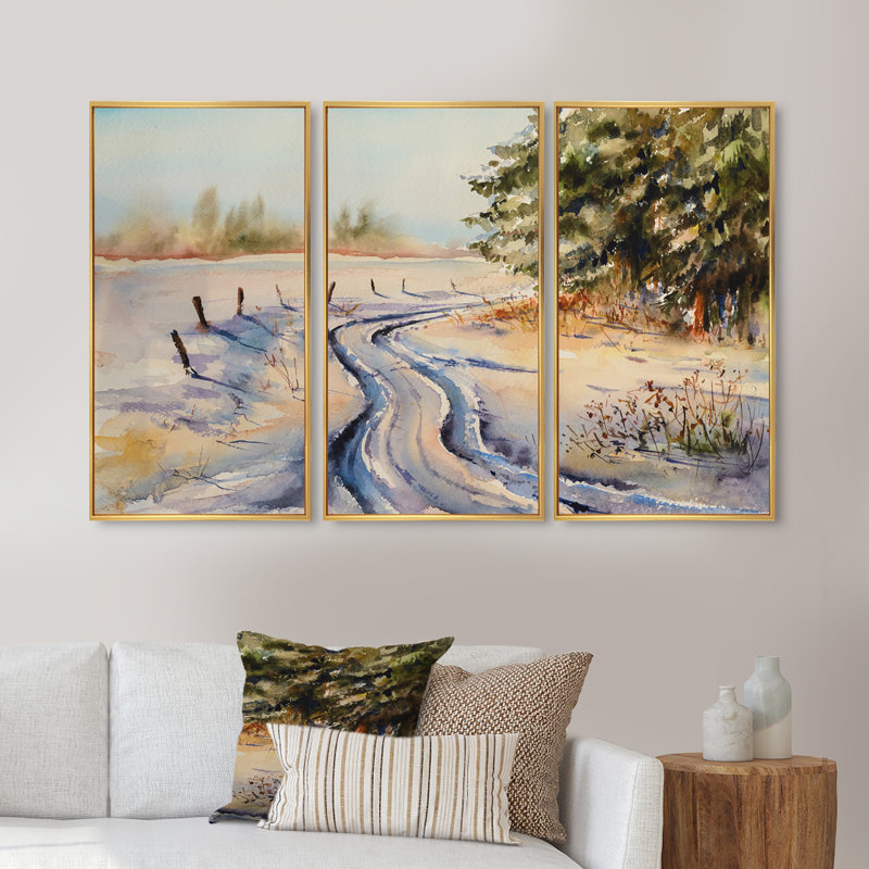 «Snowy Winter Forest Landscape», ensemble d'art mural sur toile encadré champêtre, H 20 po x l 36 po x P 1 po, Or