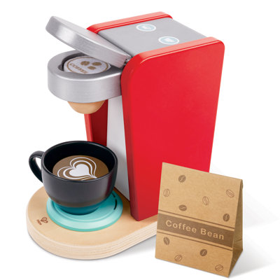 Hape: cafetière café - rouge - appareil de cuisine en bois, effets et caractéristiques sonores réalistes, imprimé grain de café, jeu d'imitation Barista, enfants de 3 ans et plus