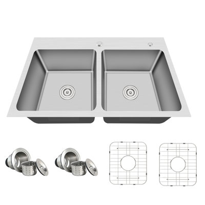 Évier de cuisine Blenzia à double cuve encastré de 84 cm (33 po x 22 po), en acier inoxydable de calibre 18, fabriqué à la main, avec crépine et grille. Dimensions : 84 cm x 56 cm x 23 cm (33 po x 22 po x 9 po).