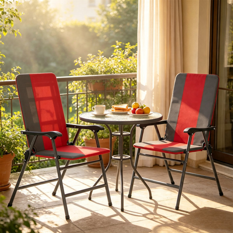 Ensemble de 2 chaises de patio pliantes et rembourrées, dossier haut avec accoudoirs, rouge / gris, Gris / rouge