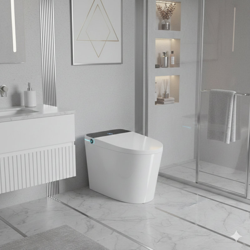 Modern smart toilet with an integrated bidet seat, featuring intelligent automated lid opening/closing, foot sensor activation, LED display, nightlight, and warm water washing and dryer functions, in white.