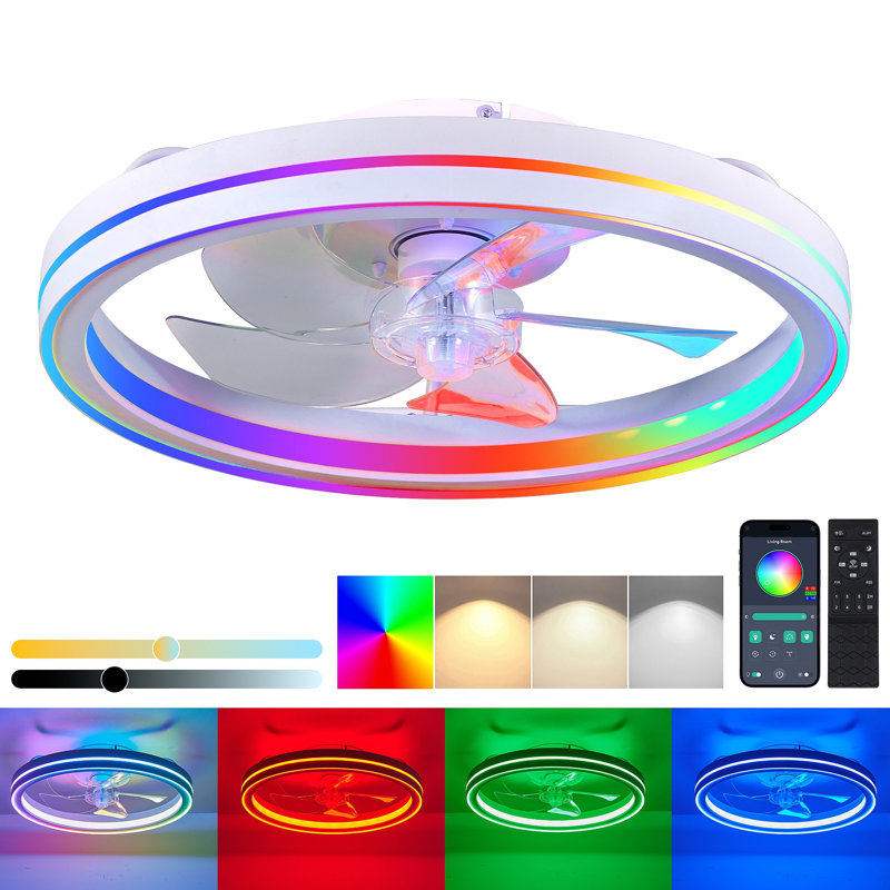 RGB Ceiling Fans With Lights, Smart LED Ceiling Fan With Remote/APP Control, Modern Low Profile Bladeless Chandelier Fan, Dimmable White Fandelier