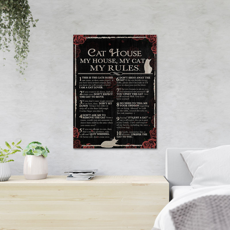 Deux chats avec cadre rose - Maison de chat My House My Cat My Rules - 1 pièce, reproduction d'art graphique sur toile tendue