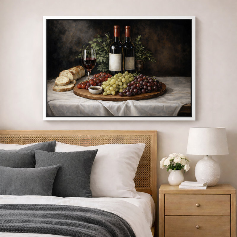 «Rustic Wine and Grapes Still Life», œuvre d'art classique, impression sur toile encadrée, H 24 po x l 36 po x P 1,5 po