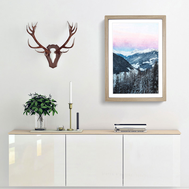 Pink Sky Over The Mountains In Italy - Single Picture Frame Print on MDF, Oak Framed, 45cm H x 33cm W x 2cm D