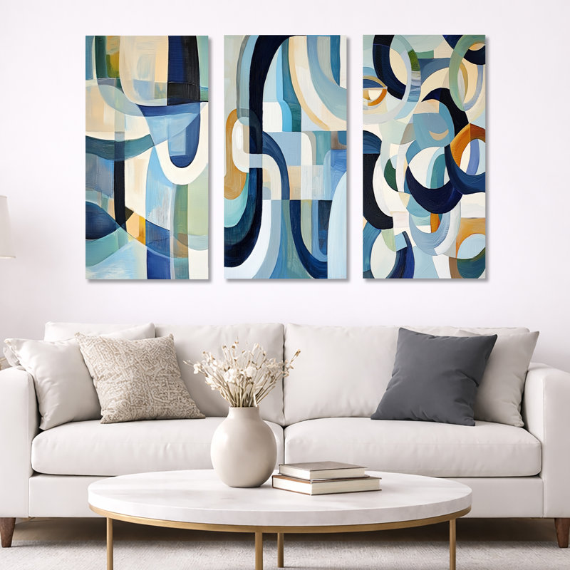 «Cubist White Blue Reality II», ensemble de 3 reproductions de toiles abstraites encadrées géométriques, 32" H x 48" W