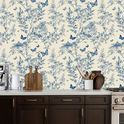Papier peint adhésif autocollant crème à motif de papillons botaniques bleus, adhésif mural amovible pour armoires de cuisine de chambre à coucher 17,7 po x 118 po