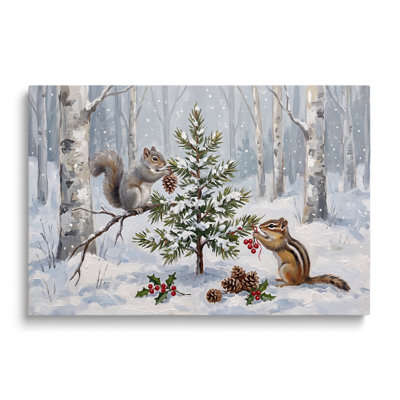 Tableau multicolore sur toile représentant un écureuil et un tamia dans un paysage de forêt hivernale, décoration murale picturale pour le salon, la salle à manger et la chambre.