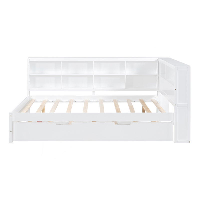Lit de jour double en bois avec lit gigogne simple, lit de jour avec tablette de rangement et ports de chargement USB, blanc
