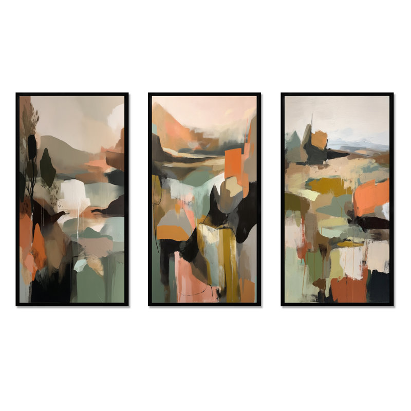 «Green and Beige Transcendant Reality III», ensemble de 3 peintures murales abstraites, Cadre flottant noir