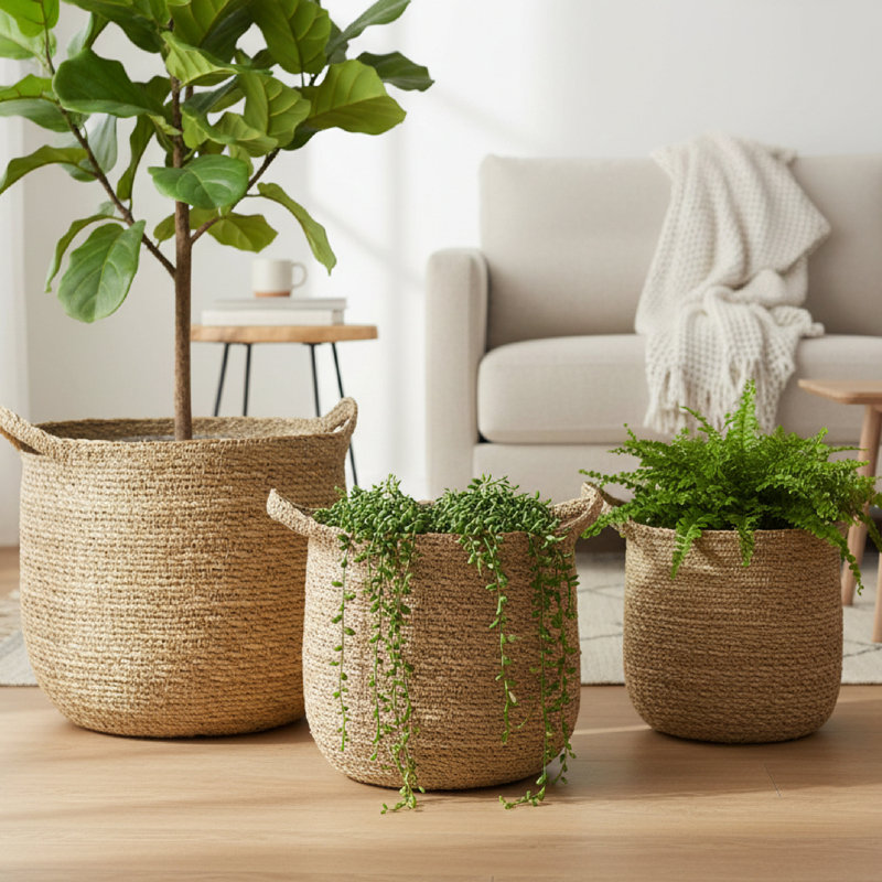 3Pc Round Seagrass Planter With Handle Natural