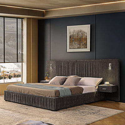 Lit plateforme tapissier avec tête de lit et table de chevet assortie
