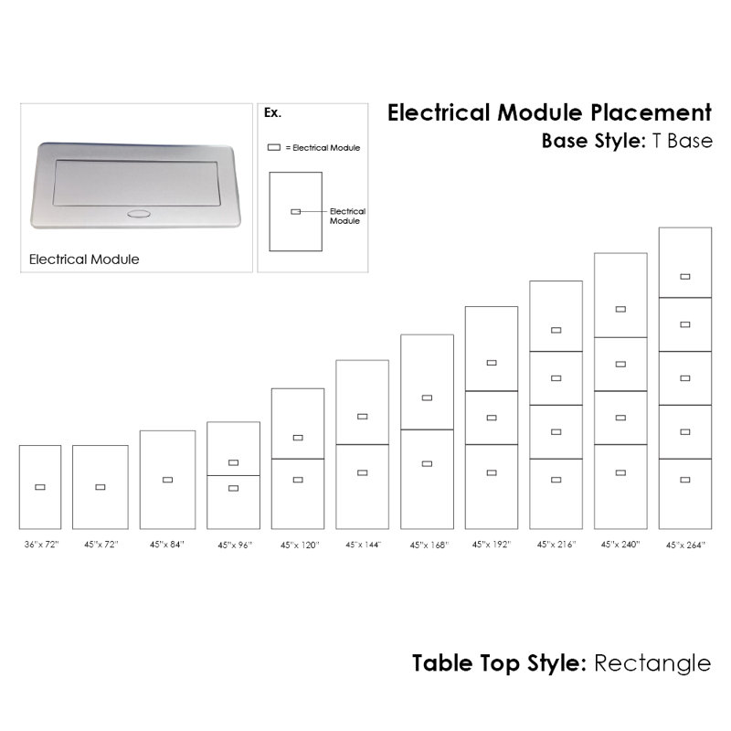 Table de conférence rectangulaire avec base en T en métal | Unité électrique, Cyprès blanc, L 72 po x l 48 po, Argent argent