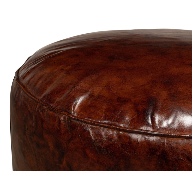 Round Pouf, Brown Genuine Leather