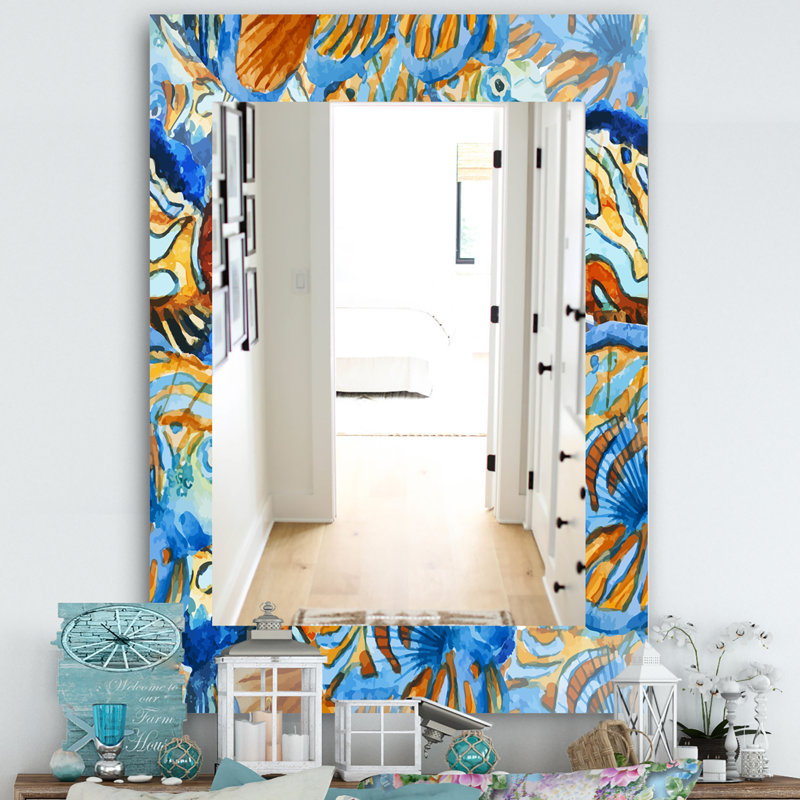 Miroir mural handpainted and fishs, H 39,4 po x l 29,5 po