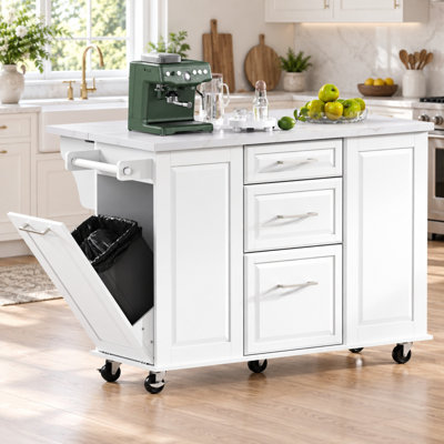  Kitchen Island with Trash Can Cabinet Pull-Out Organizer and Drop Leaf