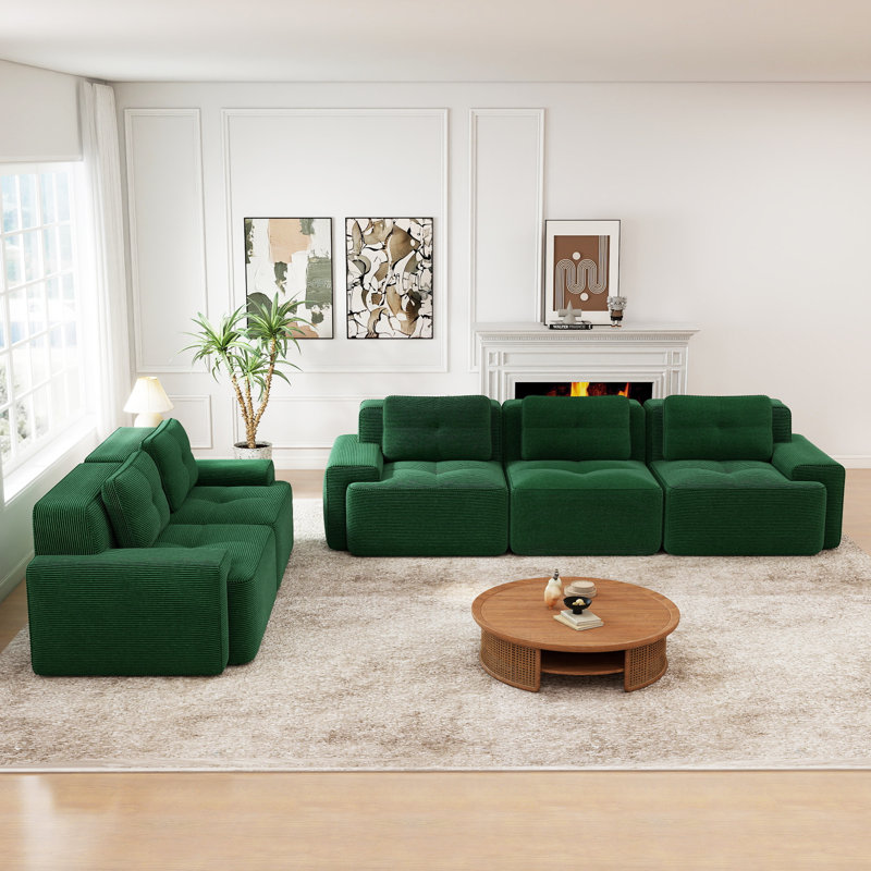 Ensemble de salon 2 pièces 5 places en velours côtelé, avec assises profondes et coussins capitonnés, vert émeraude