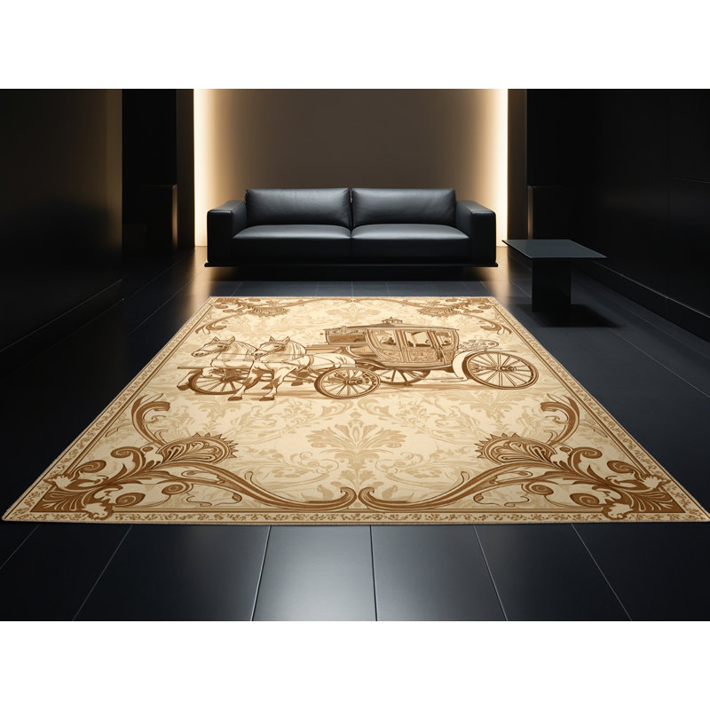 Machine Washable Maurice Horse Carriage Vintage Damask Rug in Brown – Beige Binding, 5x8