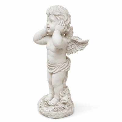 Winged Angel Covering Ears Resin Ornament Outdoor Garden Sculpture, Durable UV-Resistant Waterproof Decorative Figurine for Lawns, Patios, Courtyards, Flower Beds, Indoor Tabletop Display, Vintage Landscaping Decor for Home and Gifting