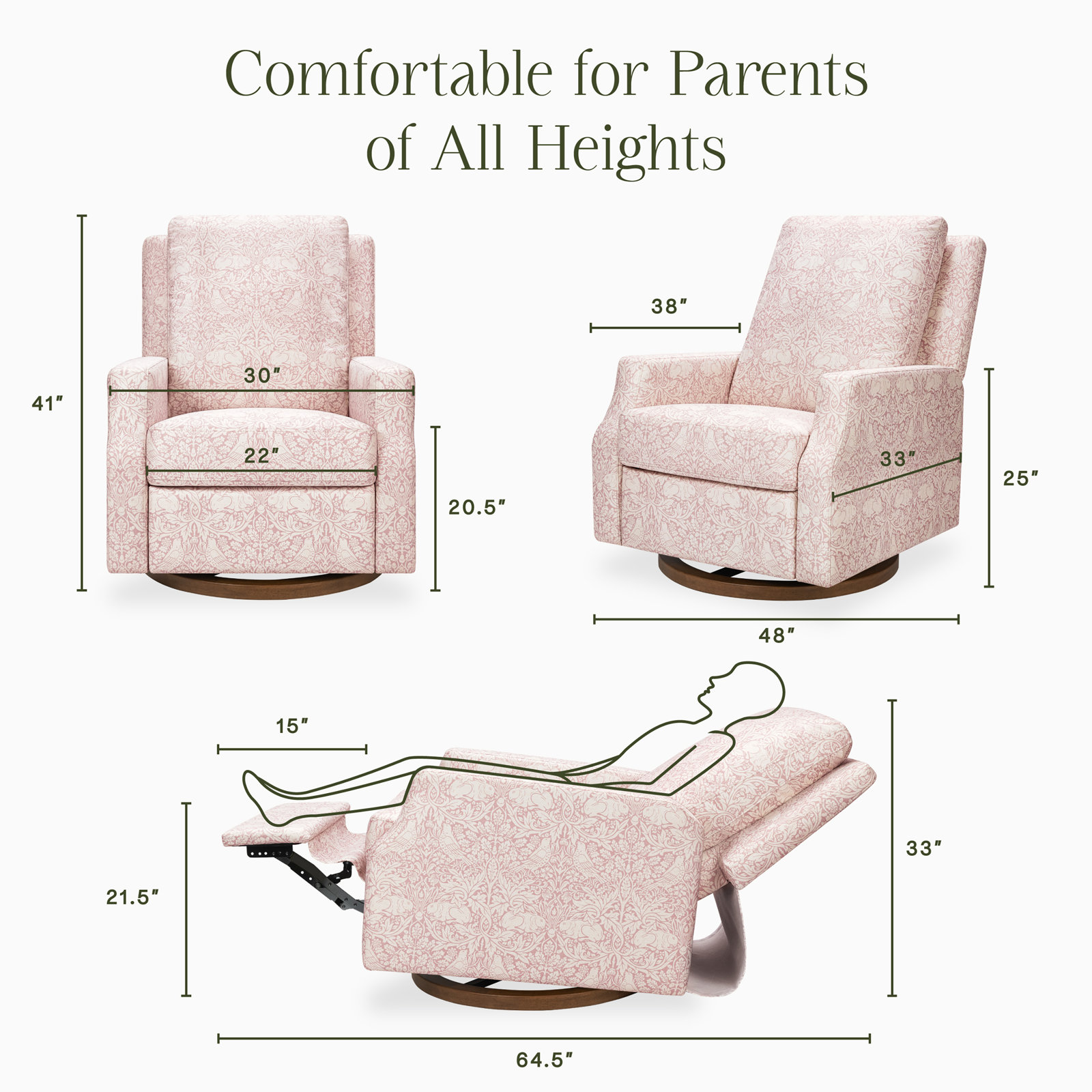 Morris & Co. Swivel Nursery Chair, Pure Brer Rabbit in Rose w/Dark Wood Base
