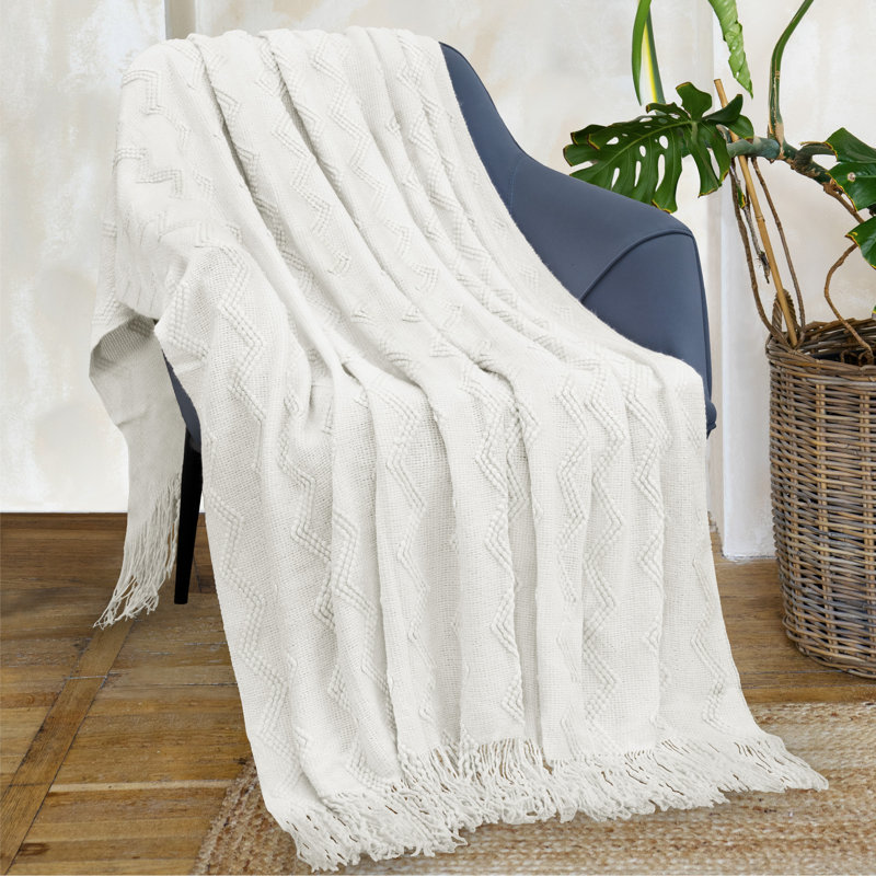 White Knit Textured Fleece Throw Blanket with Fringe Tassels