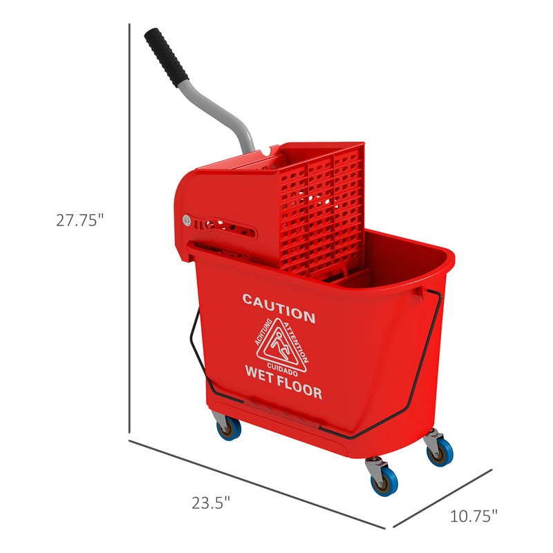 Seau à vadrouille avec essoreuse sur roulettes pour le nettoyage des planchers, 21 pintes, eau sale et propre séparée, Rouge