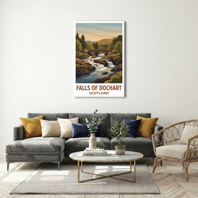 Falls Of Dochart, Scotland - Romantic Highland Waterfall Travel Poster. Giclee Print On Wrapped Canvas. Wall Art, Home Decor - Natural Landmarks, Scotland - Wrapped Canvas Print