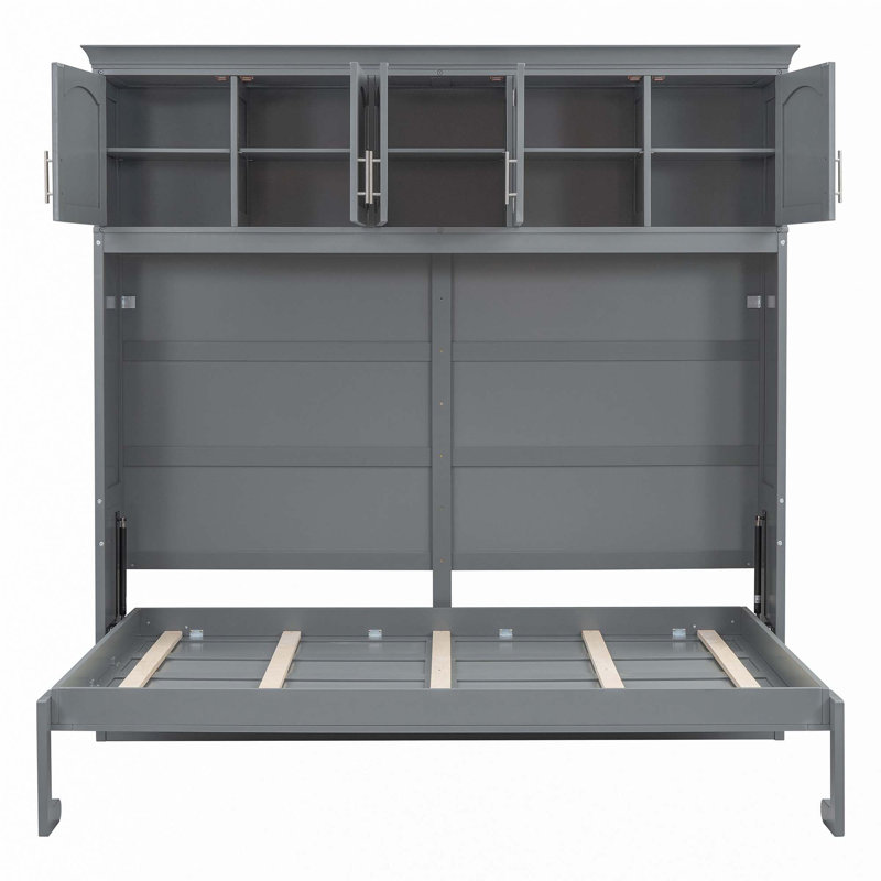 Grand lit escamotable mural avec armoires supérieures, gris
