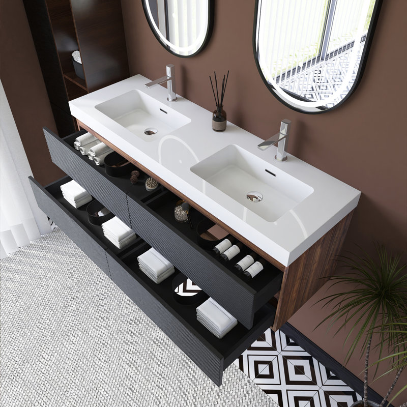 Meuble-lavabo mural 60 po avec lavabo à surface solide intégré, 60"