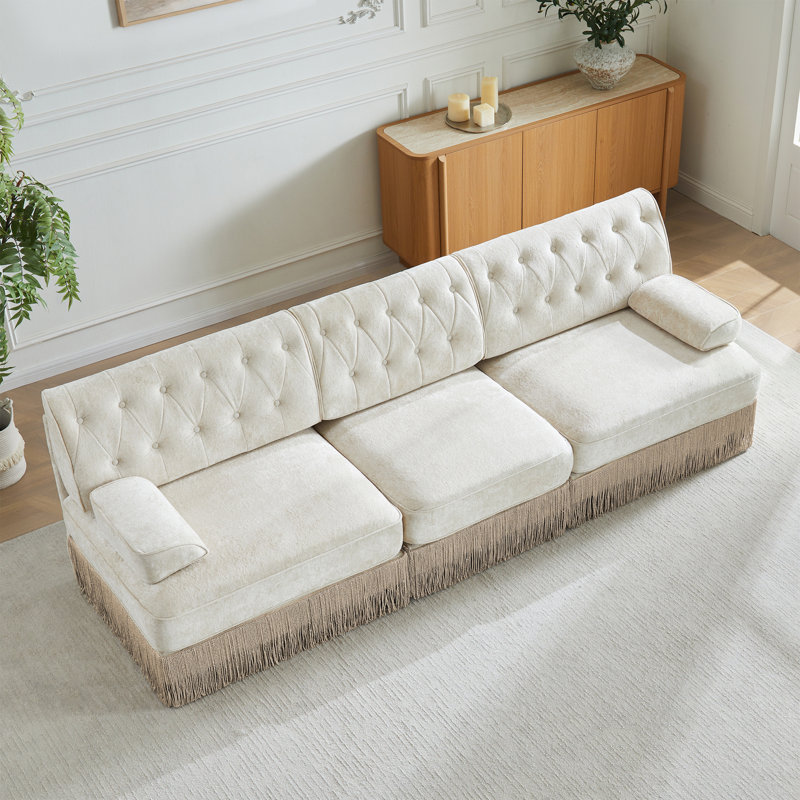 Canapé Chesterfield, Beige, 3, H 34,2 po x l 106,1 po x P 33,8 po