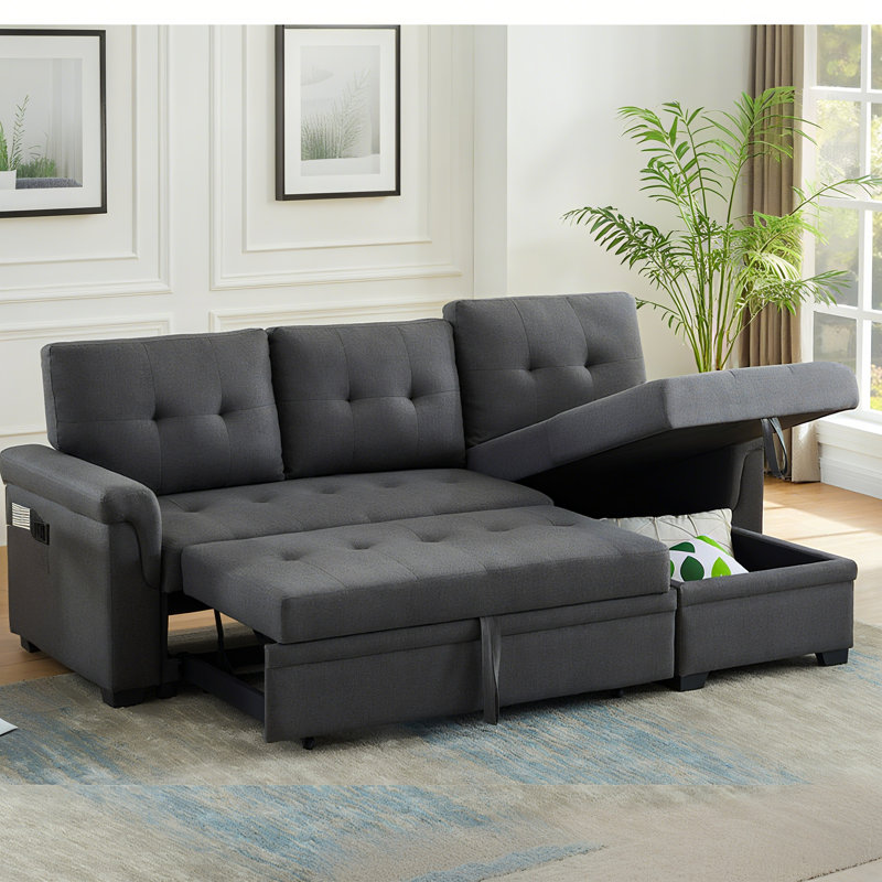Canapé-lit modulaire réversible en lin 84 po avec rangement, Gris foncé