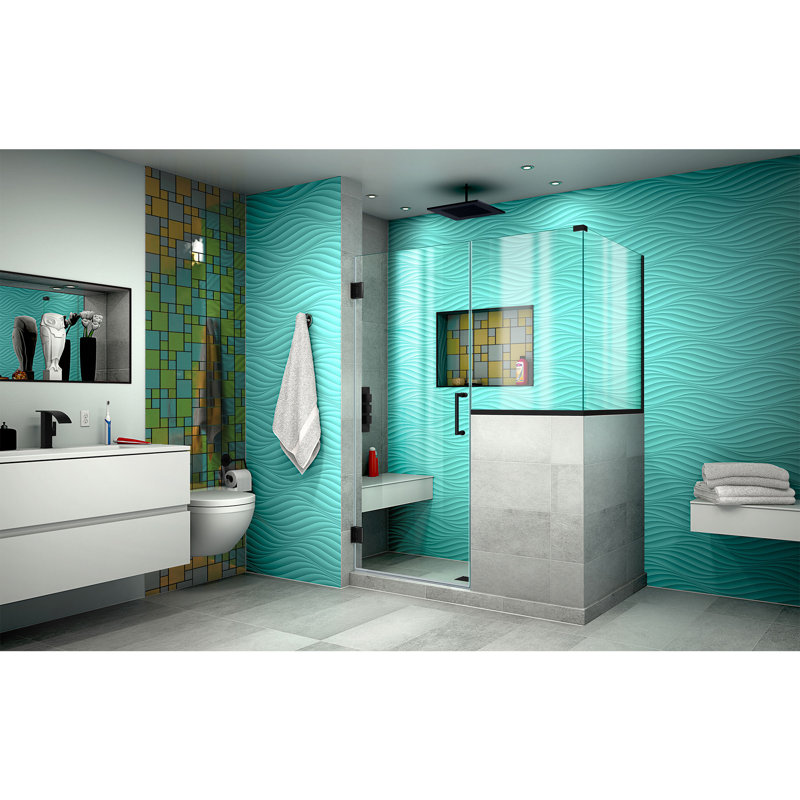 Unidoor Plus 47" W x 30.375" D x 72" H Frameless Pivot Rectangle Shower Enclosure with Fixed Panel, Matte Black