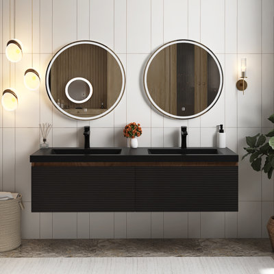 60 In. W Double Sink Wall-Mounted Bath Vanity In Mature Oak With Matte Black Resin Top