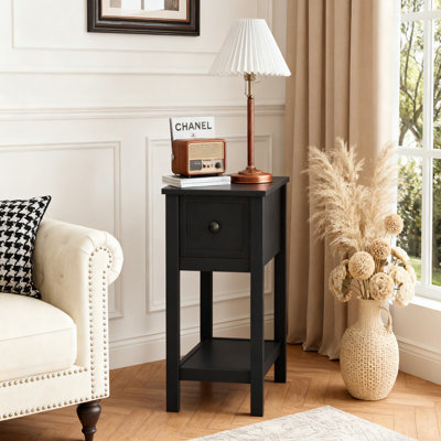 Table de bout étroite avec tiroir et tablette, table d'appoint peu encombrante en brun foncé pour le salon et la chambre à coucher