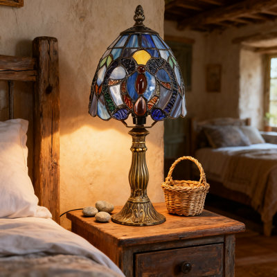 Lampe de table de style Tiffany avec abat-jour en verre teint fait à la main bleu mauve avec éclairage nuageux