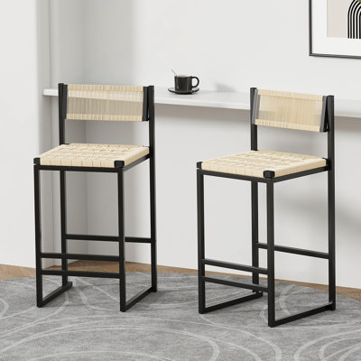 Ensemble de 2 tabourets de bar tissés avec dossier en corde de papier tissé pour îlot de cuisine (style B noir et blanc crème)