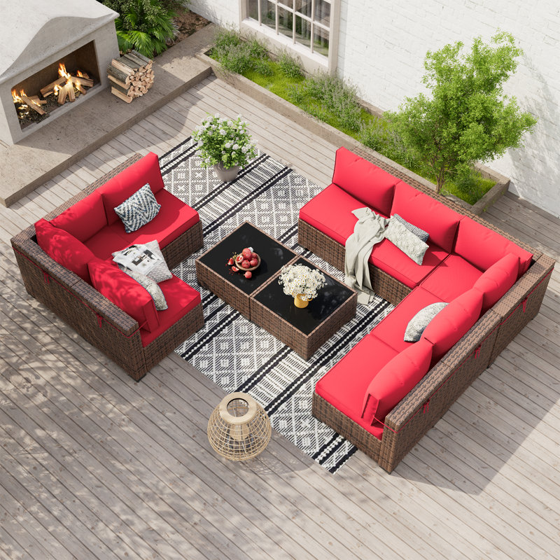 Mecayla Wicker 8 - Person Patio Conversation Set with Cushions, Red