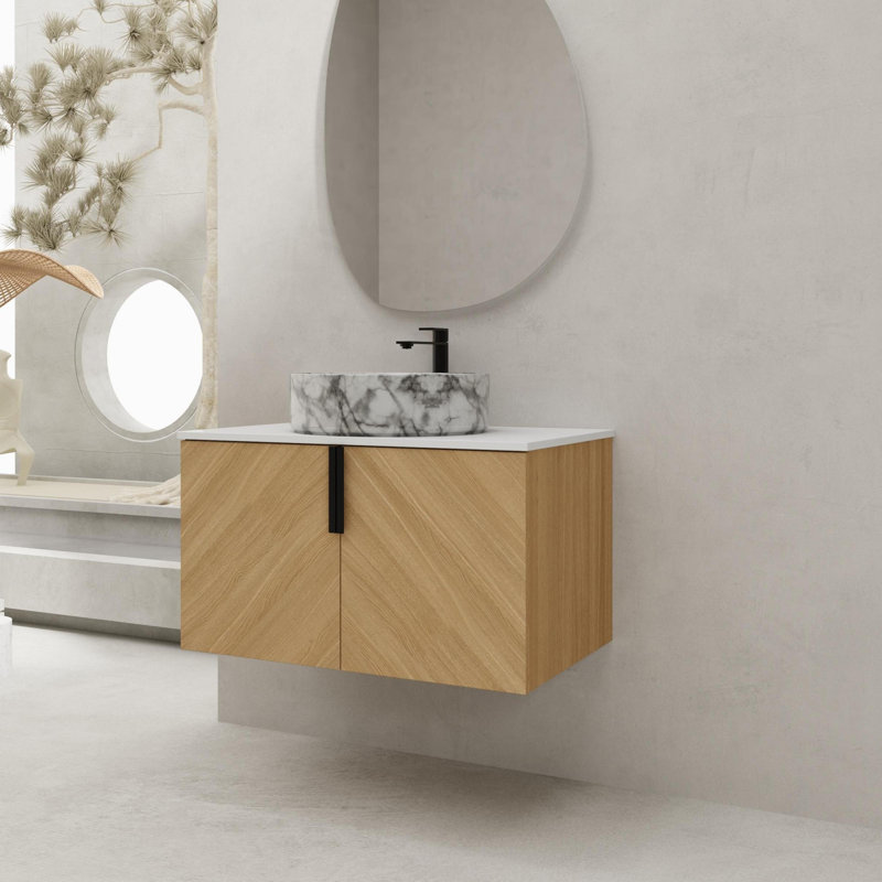 Meuble-lavabo de salle de bain avec lavabo d'art supérieur en céramique et dalle de pierre artificielle, porte à fermeture douce, fixation murale