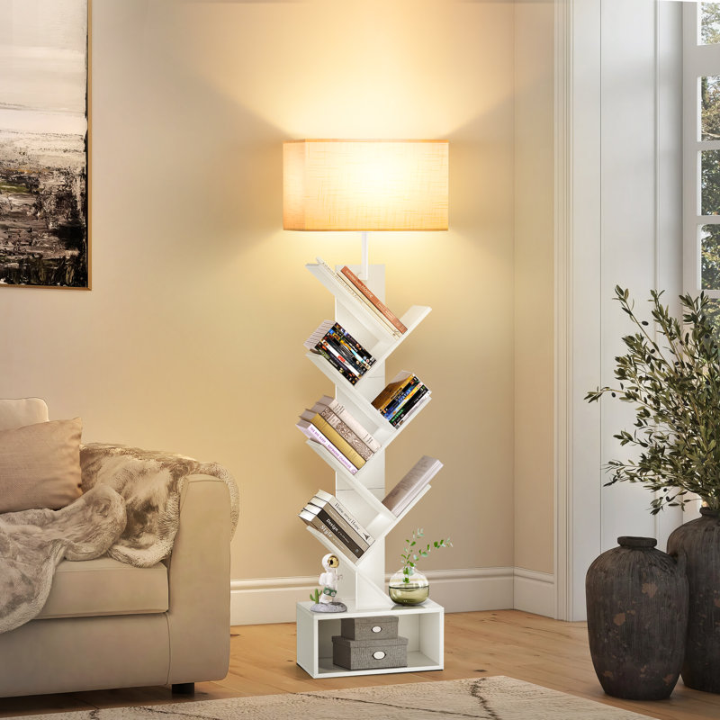 Lampe sur pied à DEL 57 po avec bibliothèque et télécommande, Blanc, Noir